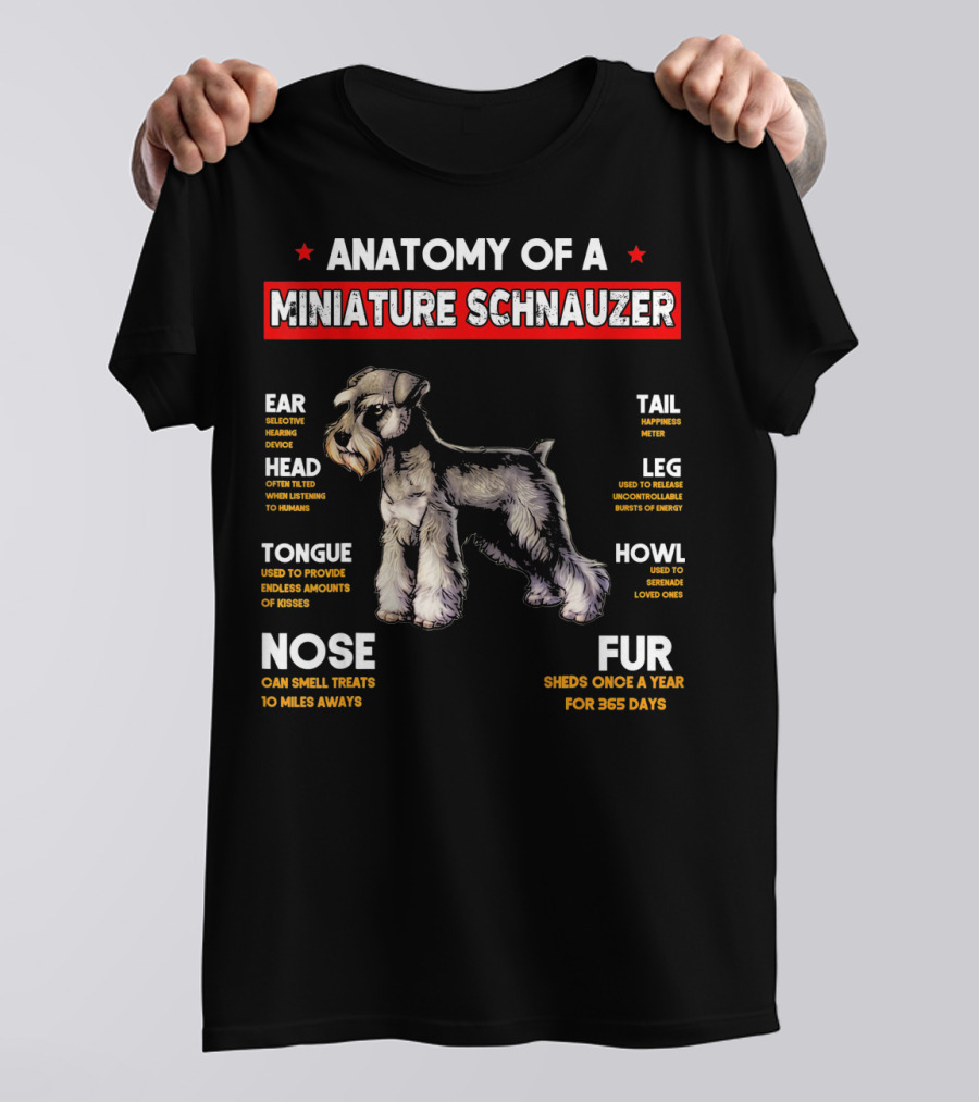 Anatomy Of A Miniature Schnauzer: Nose Smells Treats, Ears Hear, Head Listens, Tongue Kisses, Fur Sheds 365 Days, Legs Bounce, Tail Wags, Howl Serenades T-Shirt