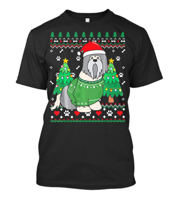 Lhasa Apso Dog In Christmas Sweater With Santa Hat And Holiday Trees T-Shirt