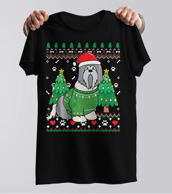 Lhasa Apso Dog In Christmas Sweater With Santa Hat And Holiday Trees T-Shirt