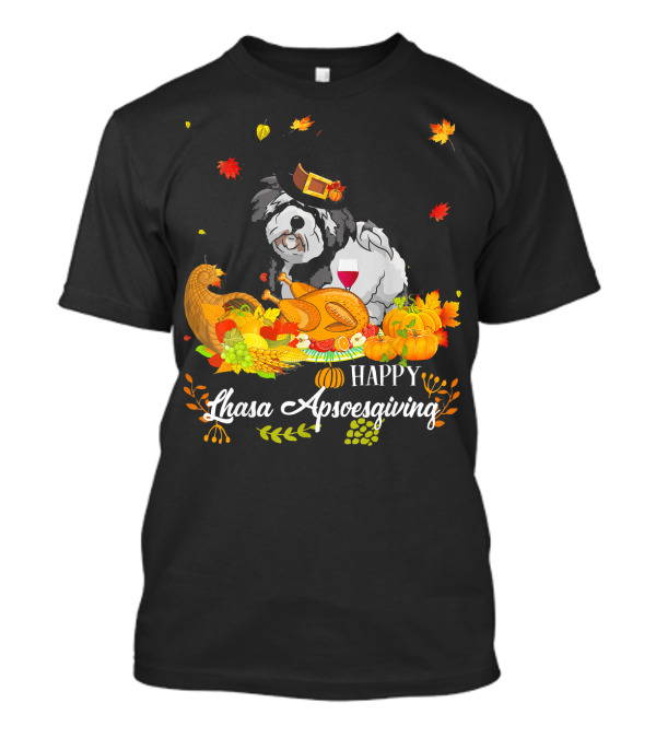 Happy Lhasa Apsoesgiving Thanksgiving Dog With Cornucopia And Leaves T-Shirt