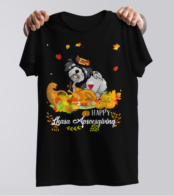 Happy Lhasa Apsoesgiving Thanksgiving Dog With Cornucopia And Leaves T-Shirt