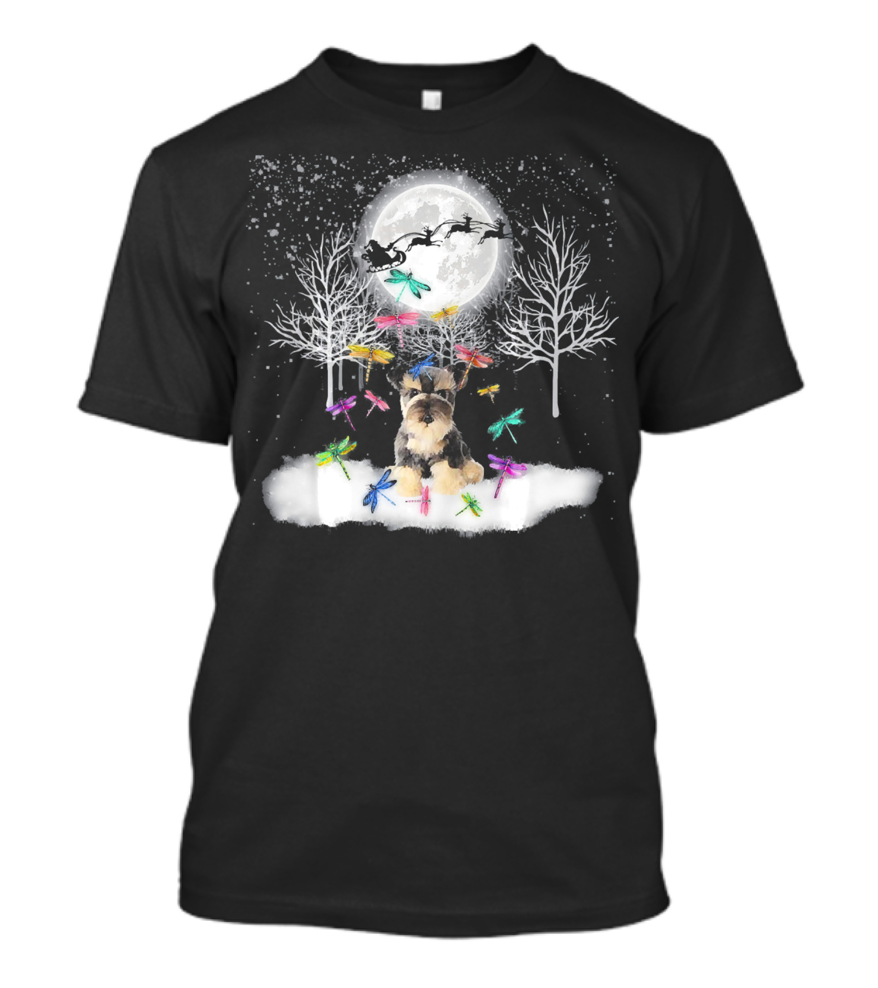 Cute Schnauzer Christmas Snow With Colorful Dragonflies And Santa's Sleigh T-Shirt