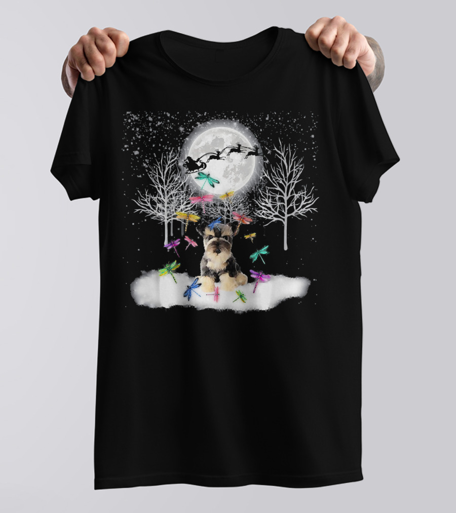 Cute Schnauzer Christmas Snow With Colorful Dragonflies And Santa's Sleigh T-Shirt