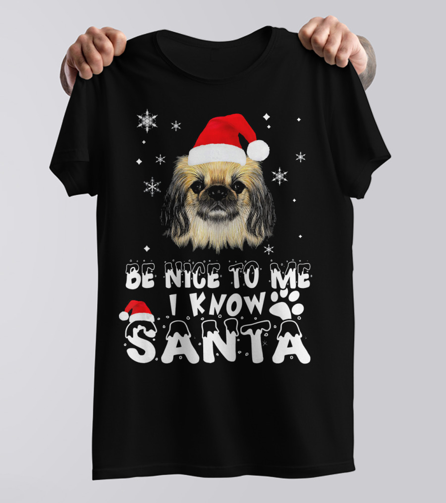Be Nice To Me I Know Santa Pekingese Dog Christmas Snowflakes T-Shirt