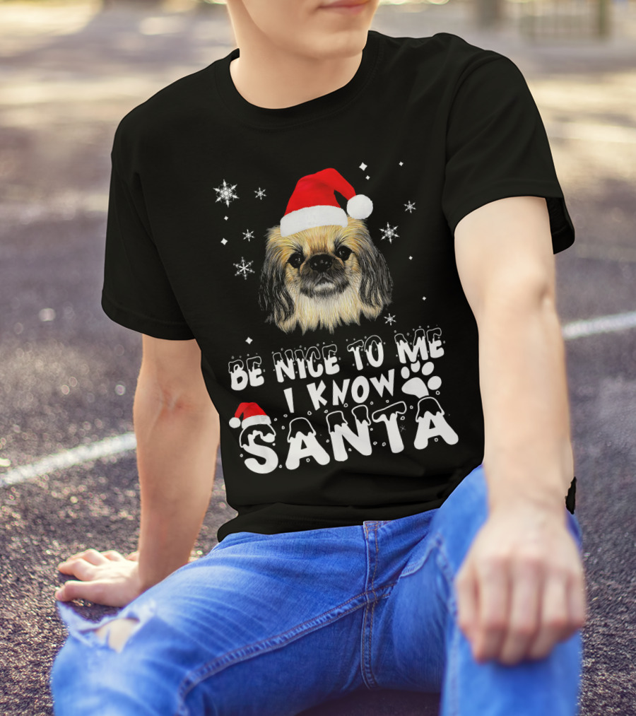Be Nice To Me I Know Santa Pekingese Dog Christmas Snowflakes T-Shirt