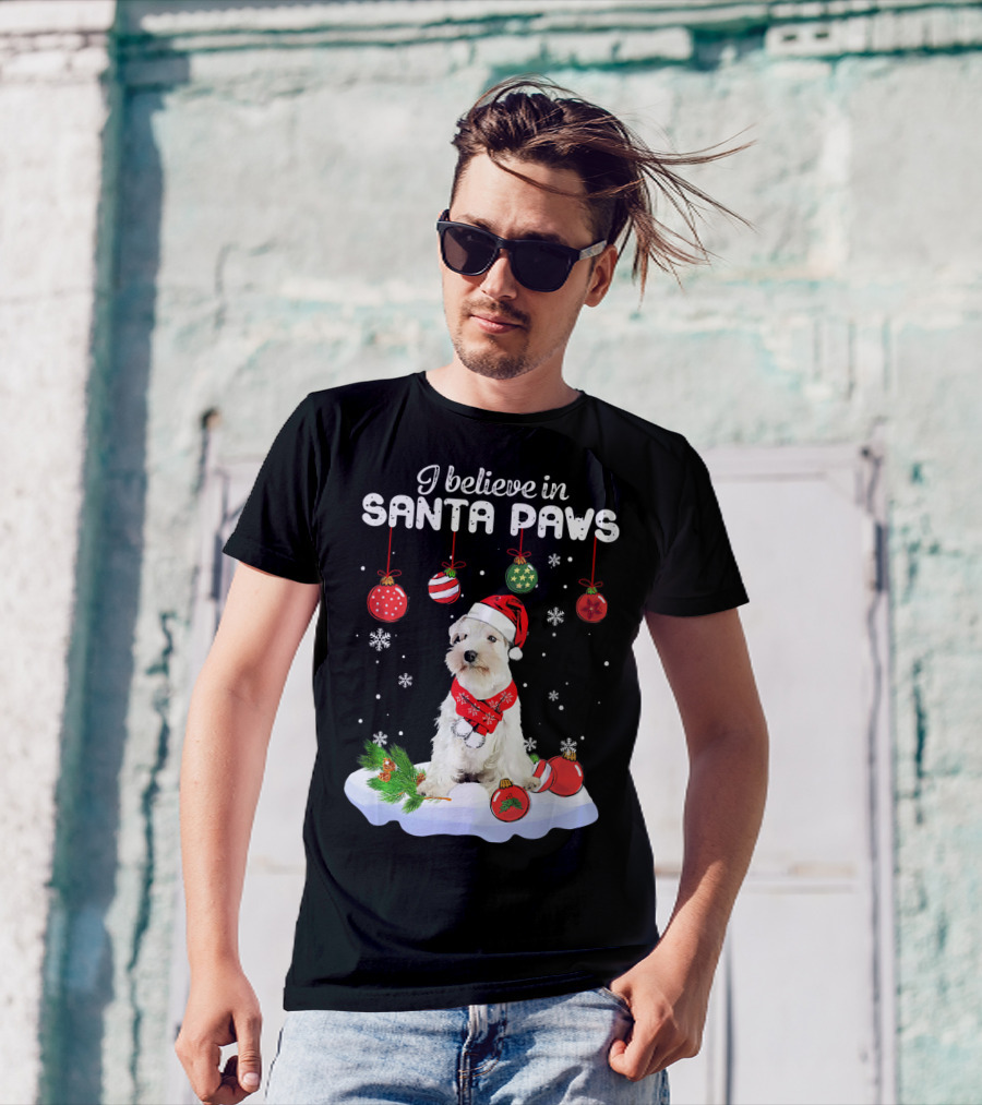 I Believe In Santa Paws Miniature Schnauzer Christmas Decor With Snowflakes And Ornaments T-Shirt