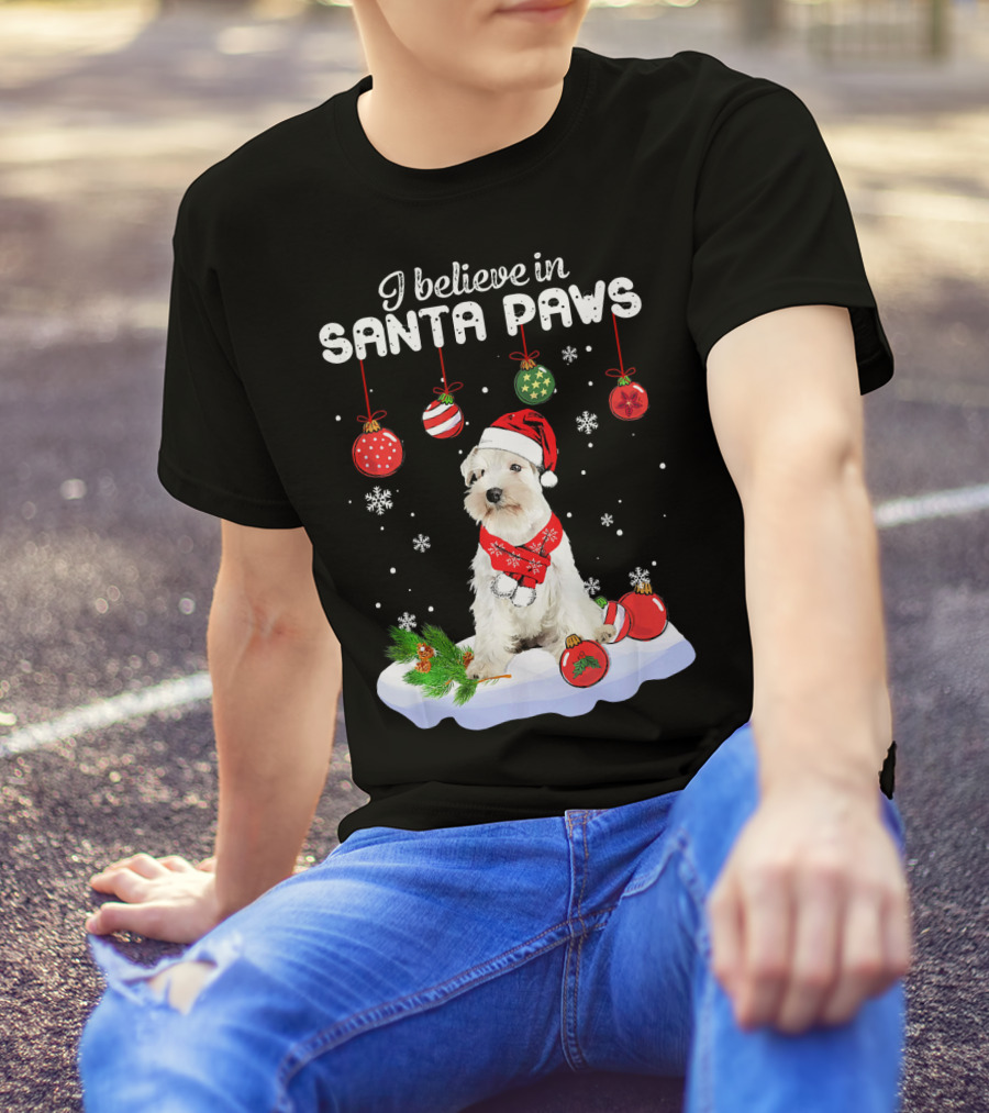 I Believe In Santa Paws Miniature Schnauzer Christmas Decor With Snowflakes And Ornaments T-Shirt