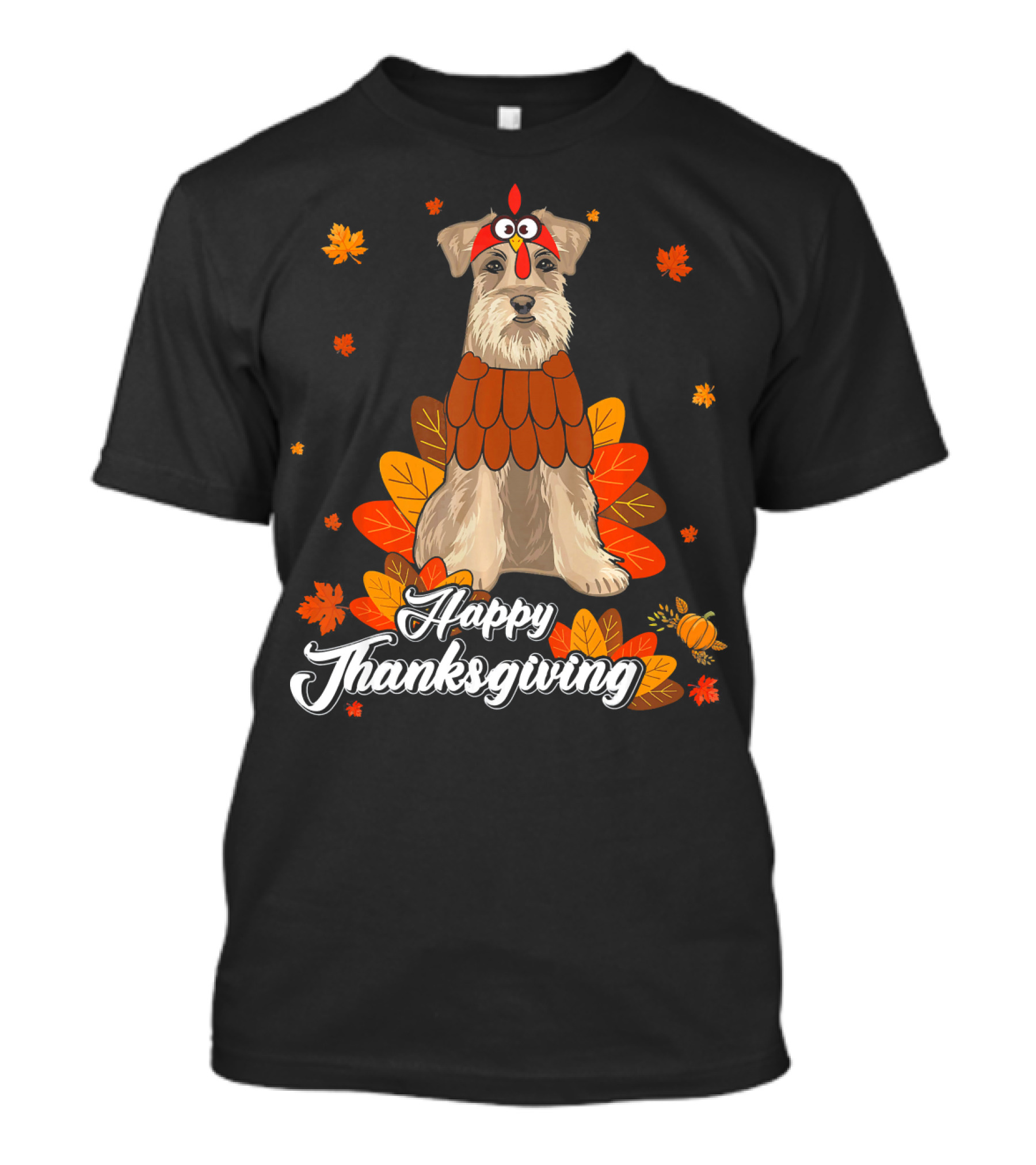 Happy Thanksgiving Schnauzer Surrounded By Autumn Leaves And Pumpkins T-Shirt
