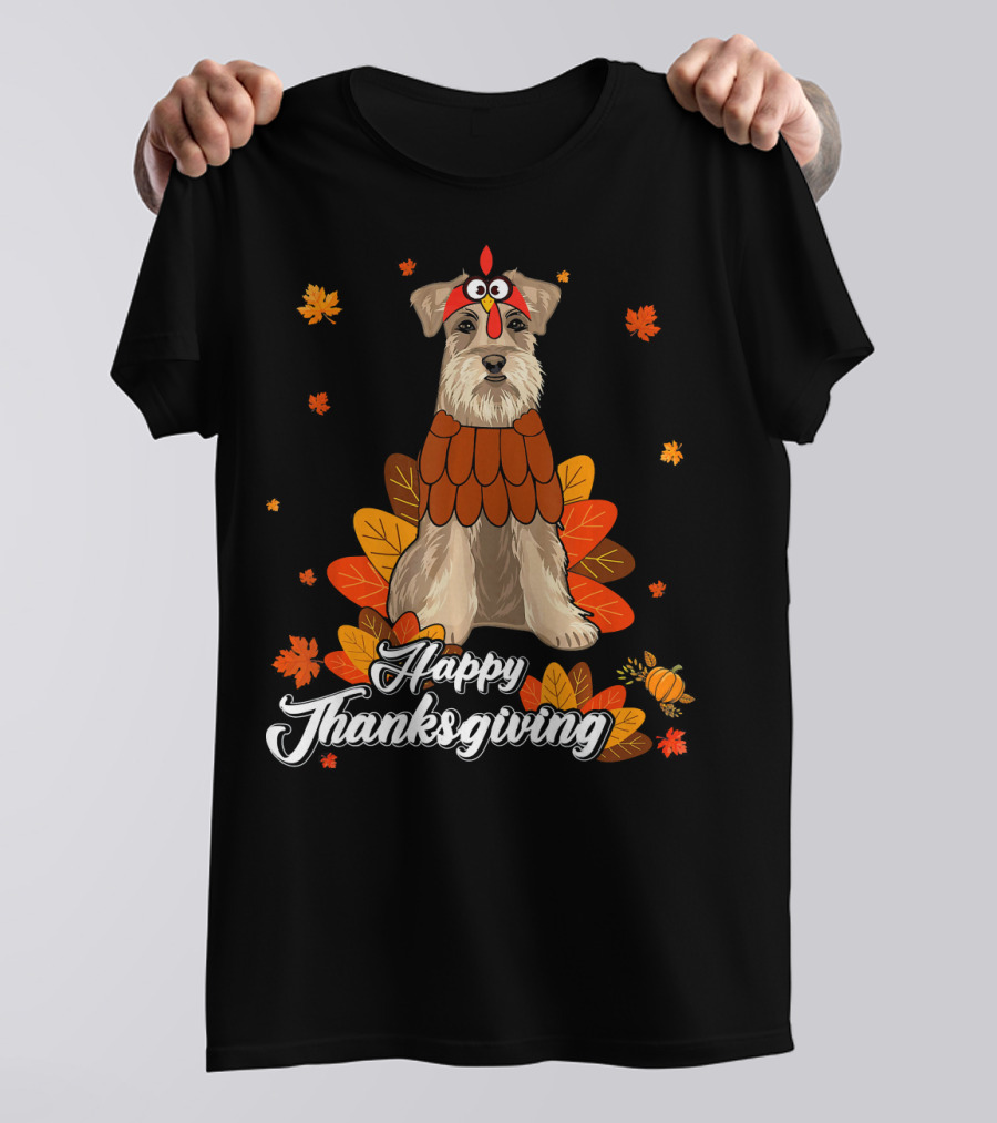 Happy Thanksgiving Schnauzer Surrounded By Autumn Leaves And Pumpkins T-Shirt