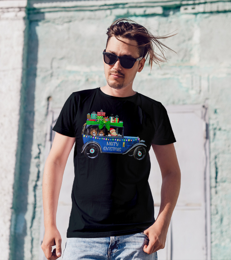 Merry Christmas Cute Sheltie In Vintage Car With Presents T-Shirt