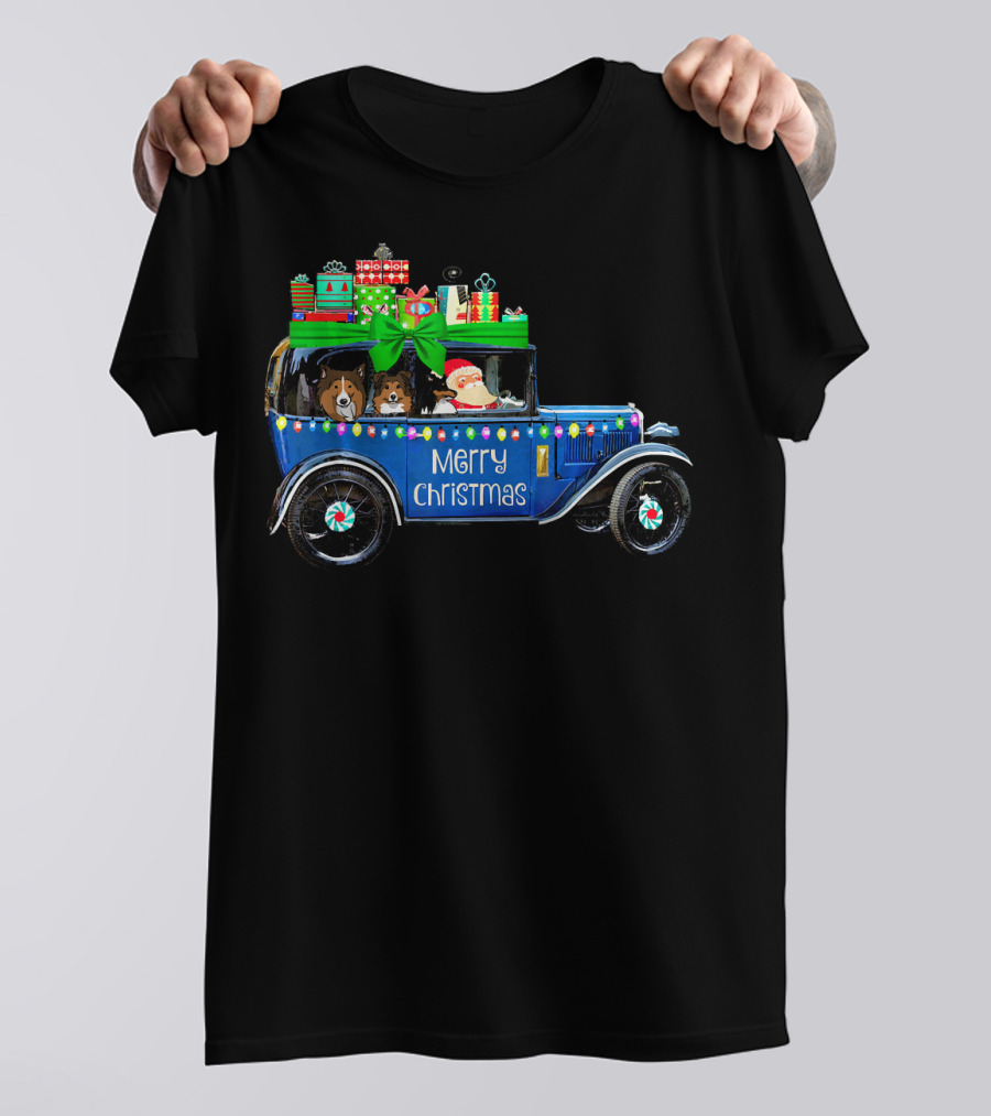 Merry Christmas Cute Sheltie In Vintage Car With Presents T-Shirt