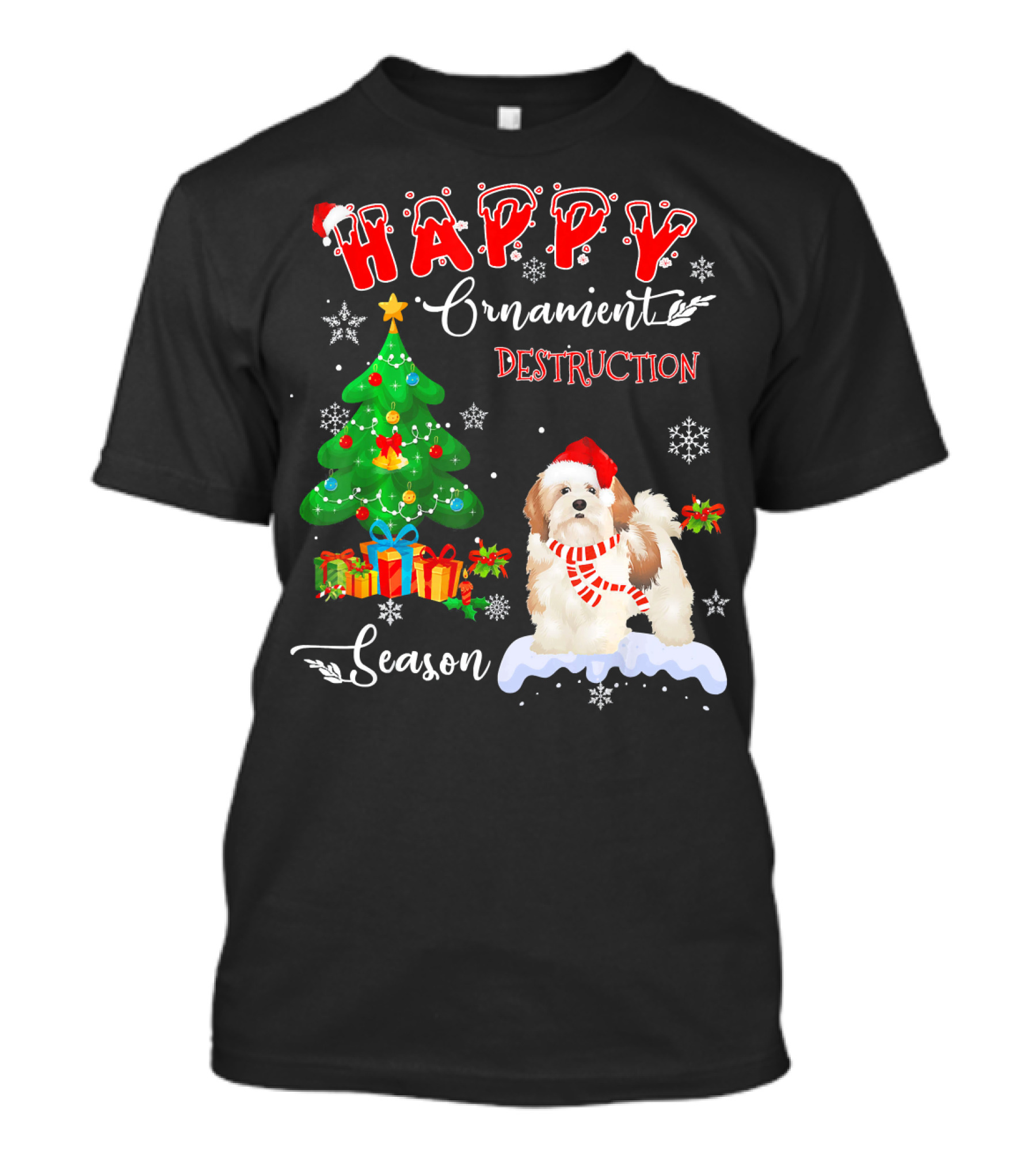 Happy Ornament Destruction Season Lhasa Apso Dog Christmas Tree T-Shirt