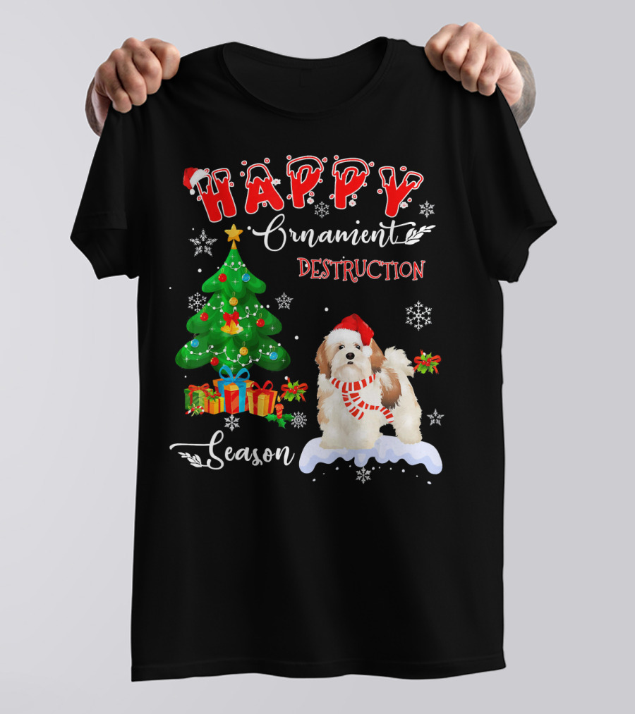 Happy Ornament Destruction Season Lhasa Apso Dog Christmas Tree T-Shirt