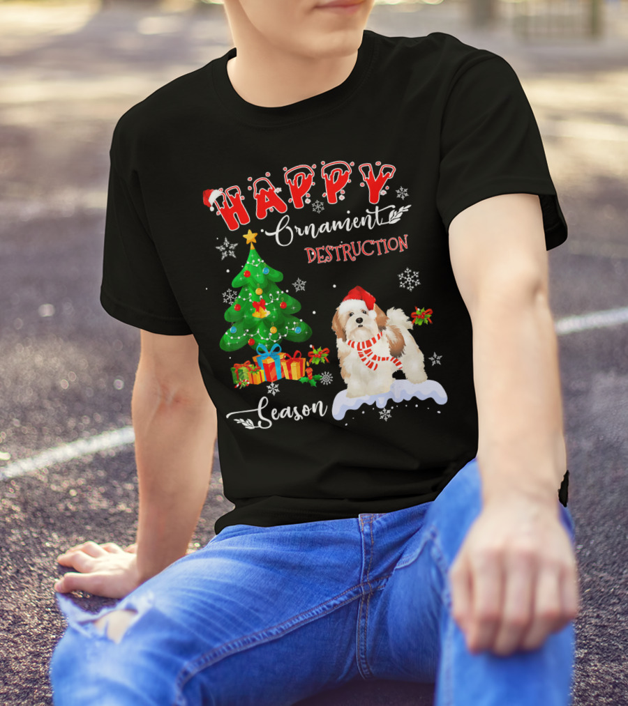 Happy Ornament Destruction Season Lhasa Apso Dog Christmas Tree T-Shirt