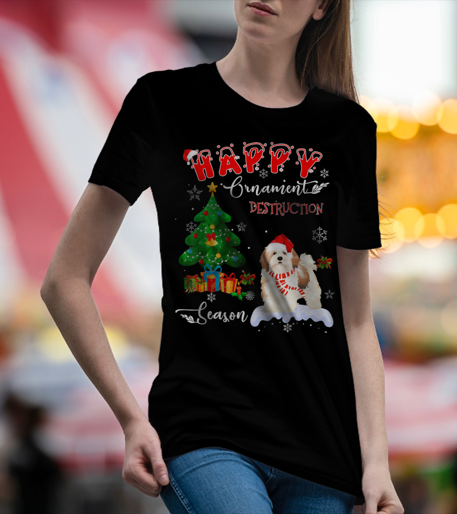 Happy Ornament Destruction Season Lhasa Apso Dog Christmas Tree T-Shirt
