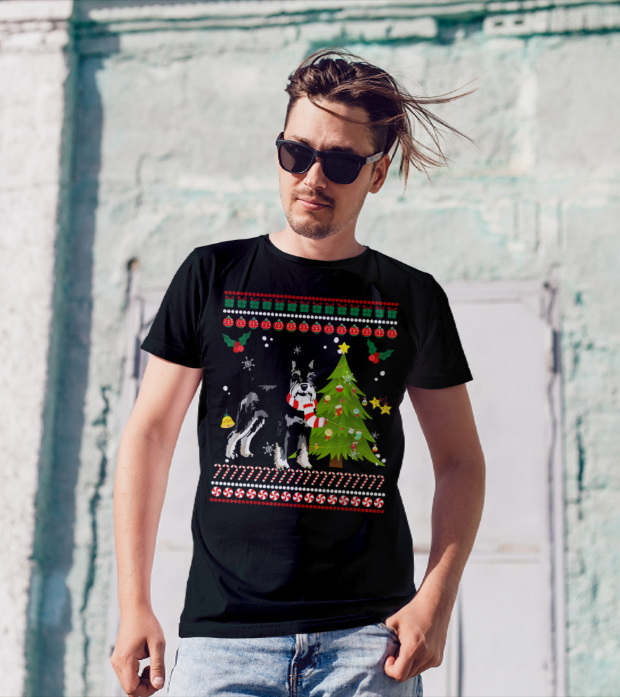 Cute Schnauzer Christmas Pine Dog With Tree And Candy Cane Snowflakes T-Shirt
