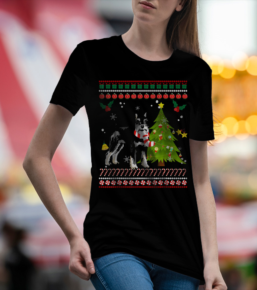 Cute Schnauzer Christmas Pine Dog With Tree And Candy Cane Snowflakes T-Shirt