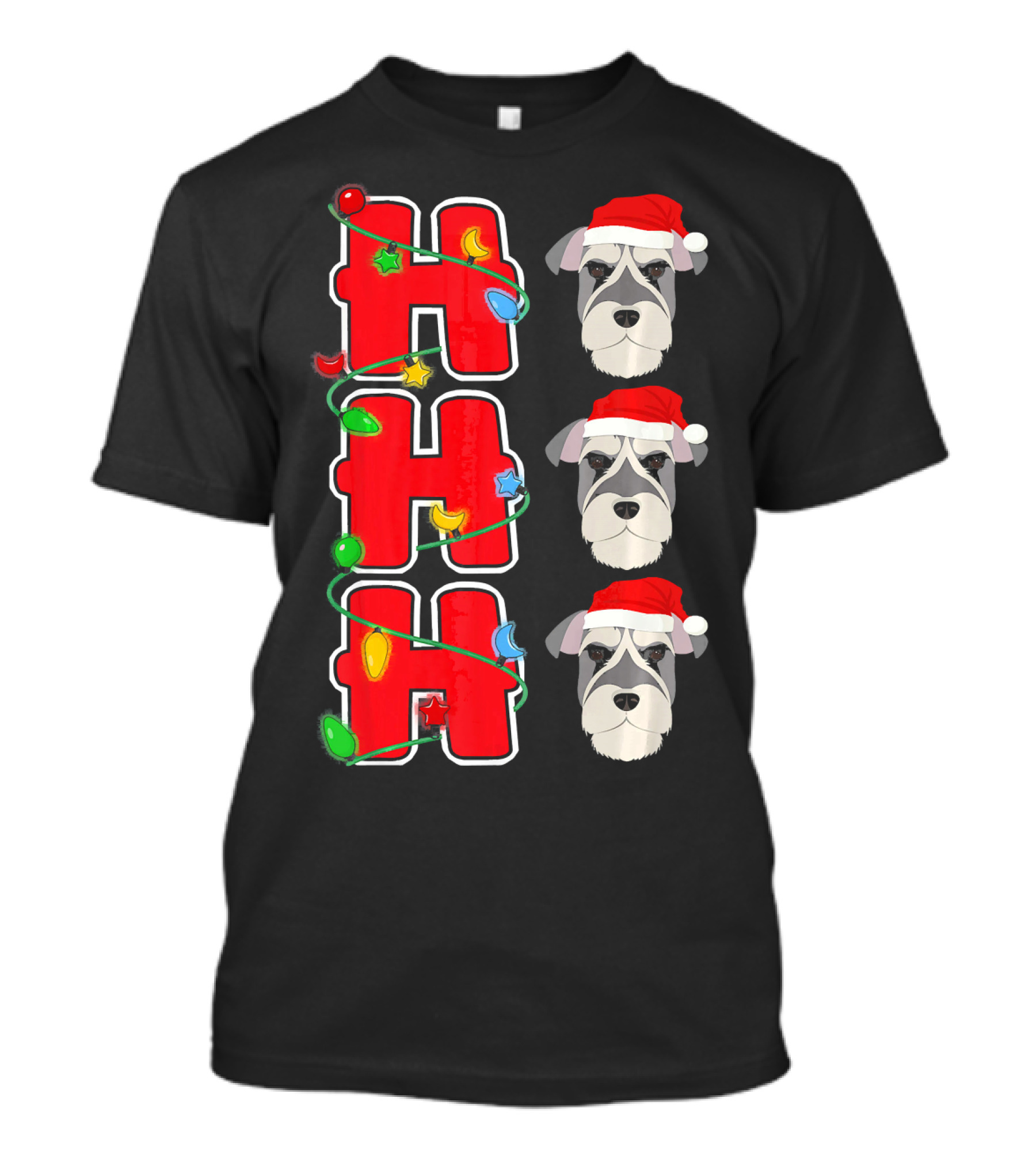 Ho Ho Ho Santa Schnauzer Christmas Lights Trio T-Shirt
