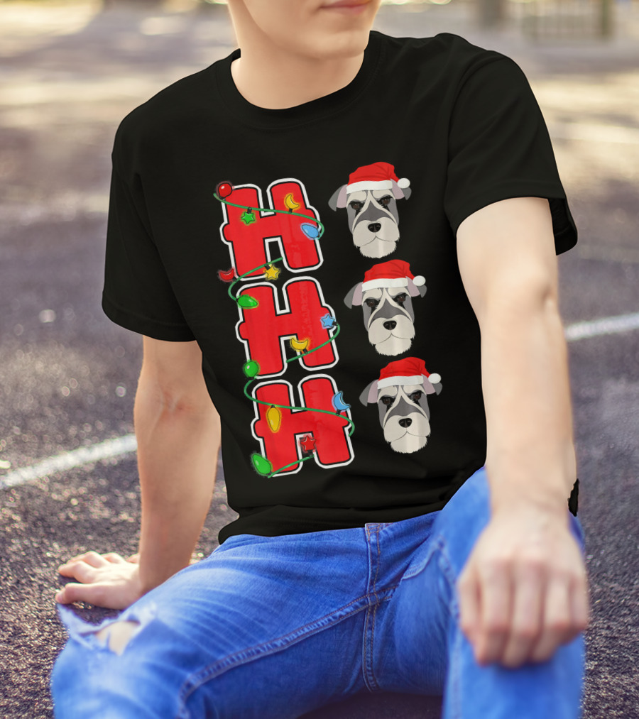 Ho Ho Ho Santa Schnauzer Christmas Lights Trio T-Shirt