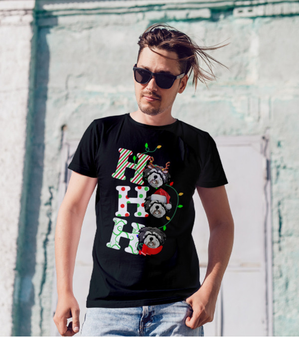 Ho Ho Ho Lhasa Apso With Santa Hat And Antlers T-Shirt