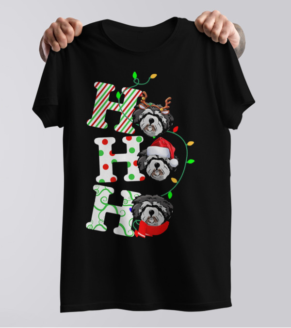Ho Ho Ho Lhasa Apso With Santa Hat And Antlers T-Shirt