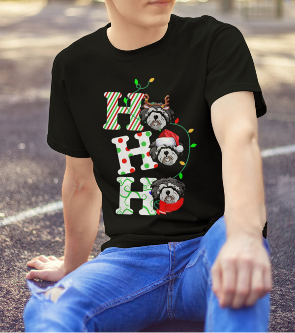 Ho Ho Ho Lhasa Apso With Santa Hat And Antlers T-Shirt