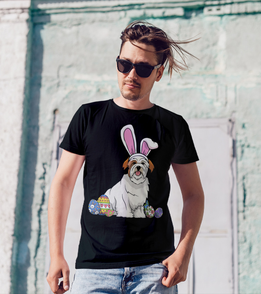 Lhasa Apso In Bunny Ears With Colorful Easter Eggs T-Shirt