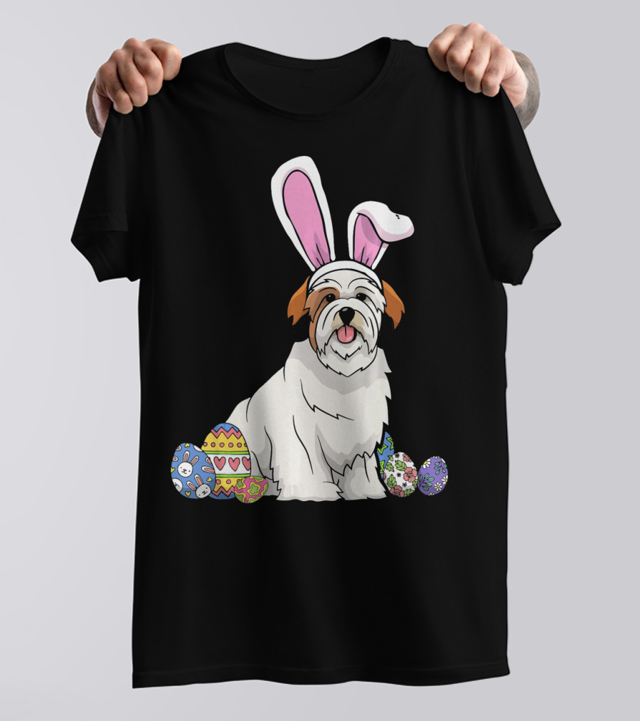 Lhasa Apso In Bunny Ears With Colorful Easter Eggs T-Shirt