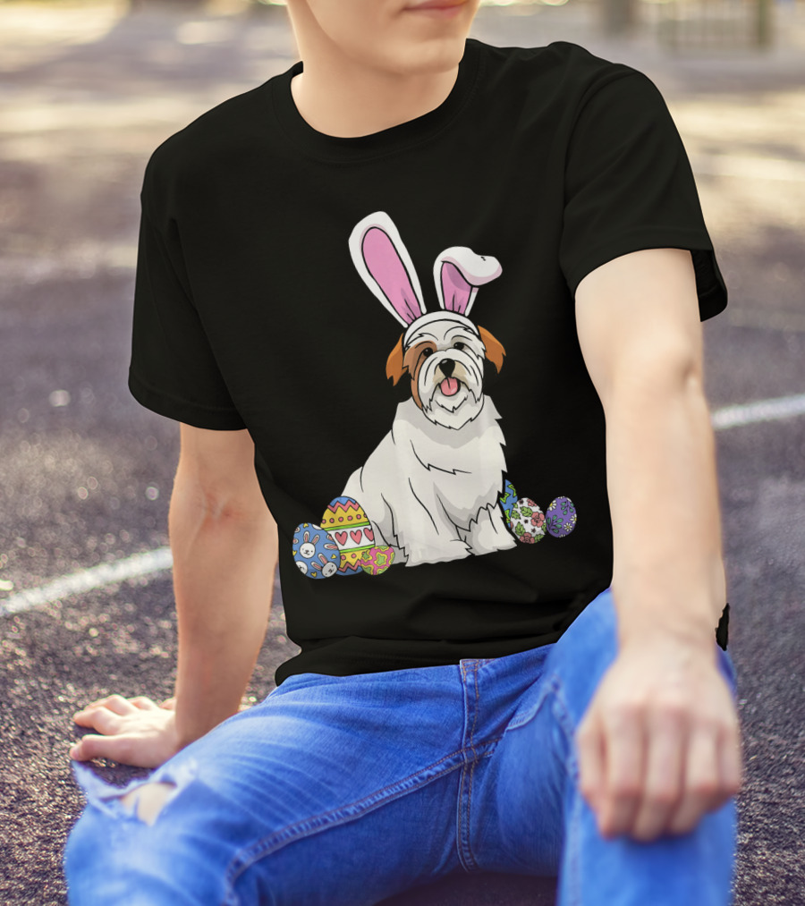 Lhasa Apso In Bunny Ears With Colorful Easter Eggs T-Shirt