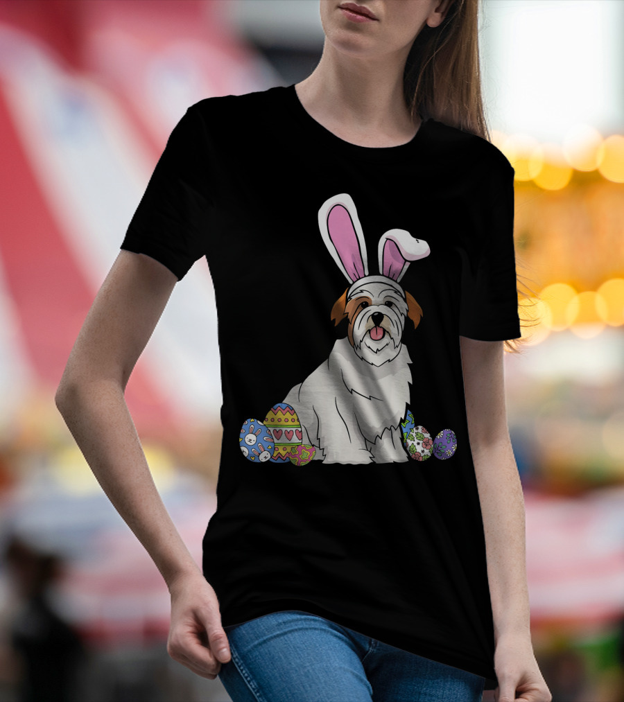 Lhasa Apso In Bunny Ears With Colorful Easter Eggs T-Shirt