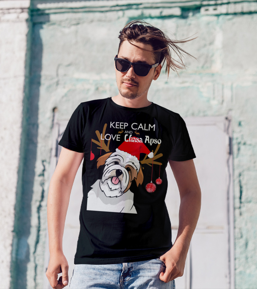 Keep Calm And Love Lhasa Apso Reindeer Santa Hat T-Shirt