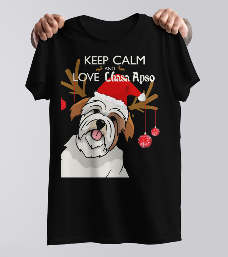 Keep Calm And Love Lhasa Apso Reindeer Santa Hat T-Shirt
