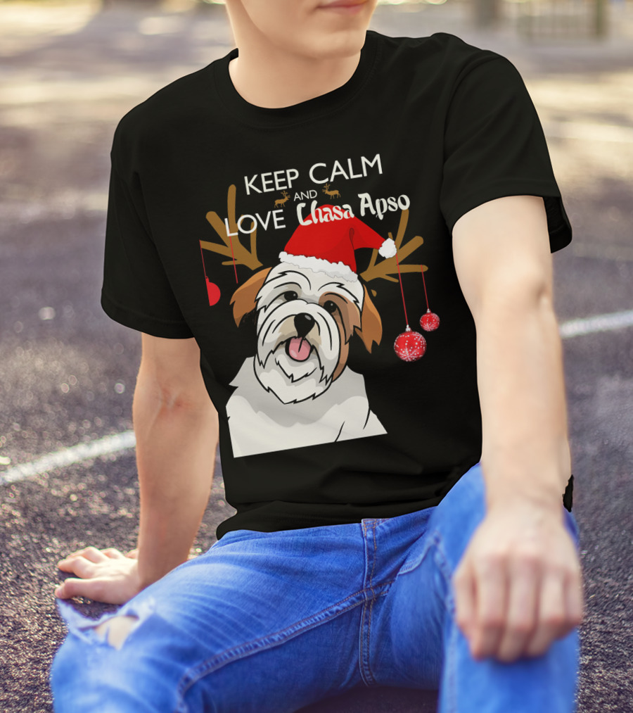 Keep Calm And Love Lhasa Apso Reindeer Santa Hat T-Shirt