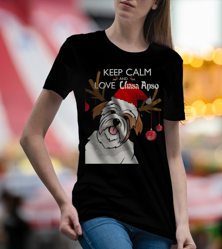 Keep Calm And Love Lhasa Apso Reindeer Santa Hat T-Shirt