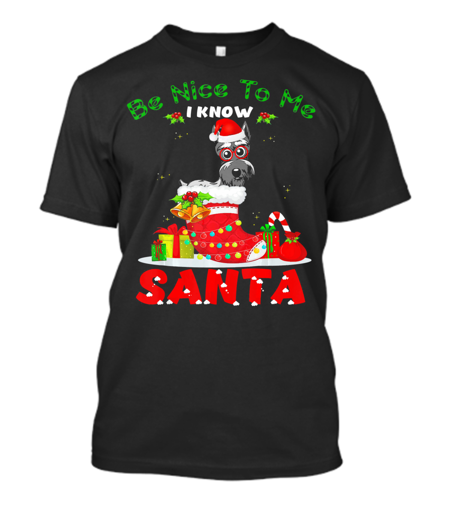 Be Nice To Me I Know Santa Dog In Christmas Stocking With Gifts And Schnauzer T-Shirt