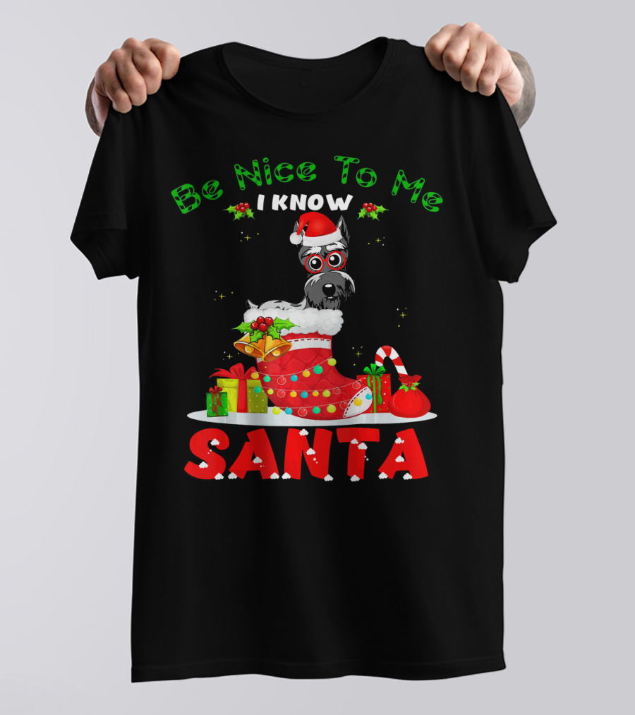 Be Nice To Me I Know Santa Dog In Christmas Stocking With Gifts And Schnauzer T-Shirt