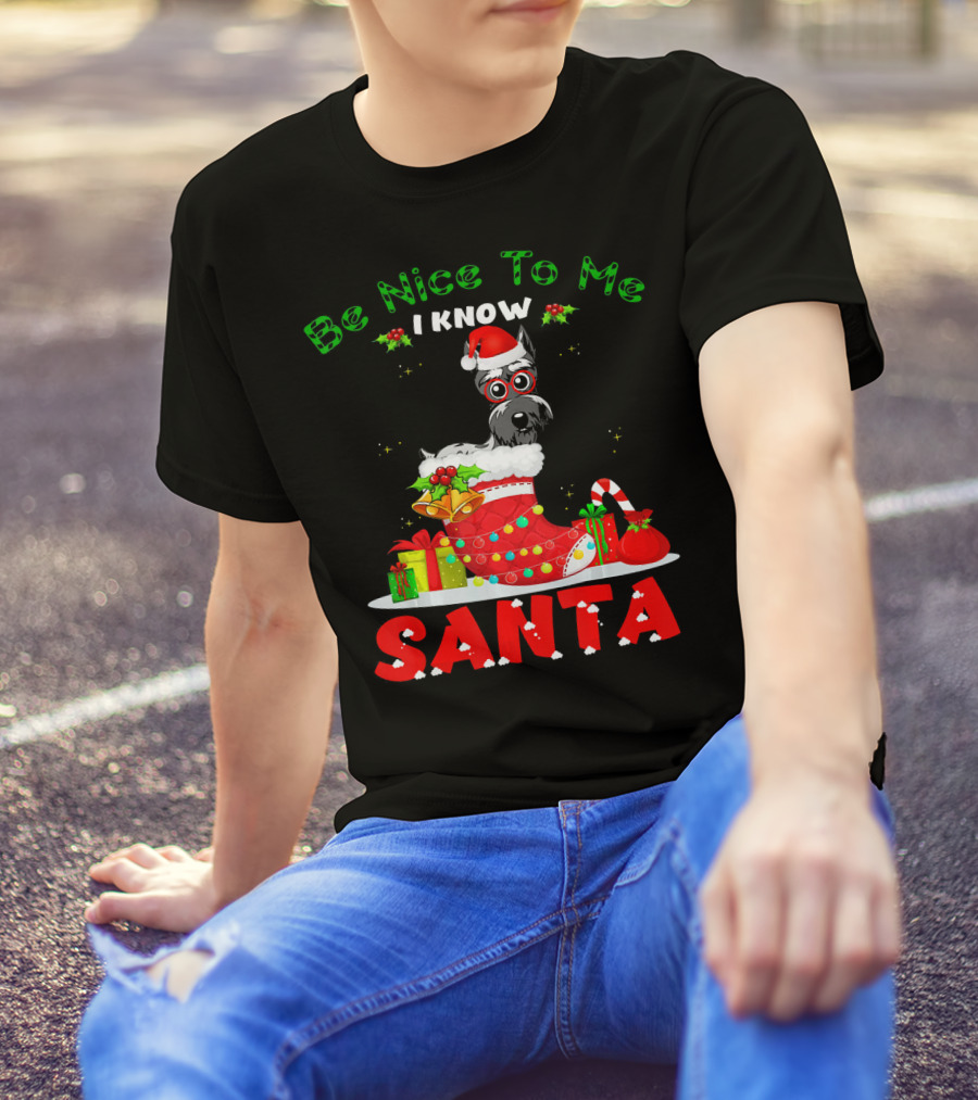 Be Nice To Me I Know Santa Dog In Christmas Stocking With Gifts And Schnauzer T-Shirt