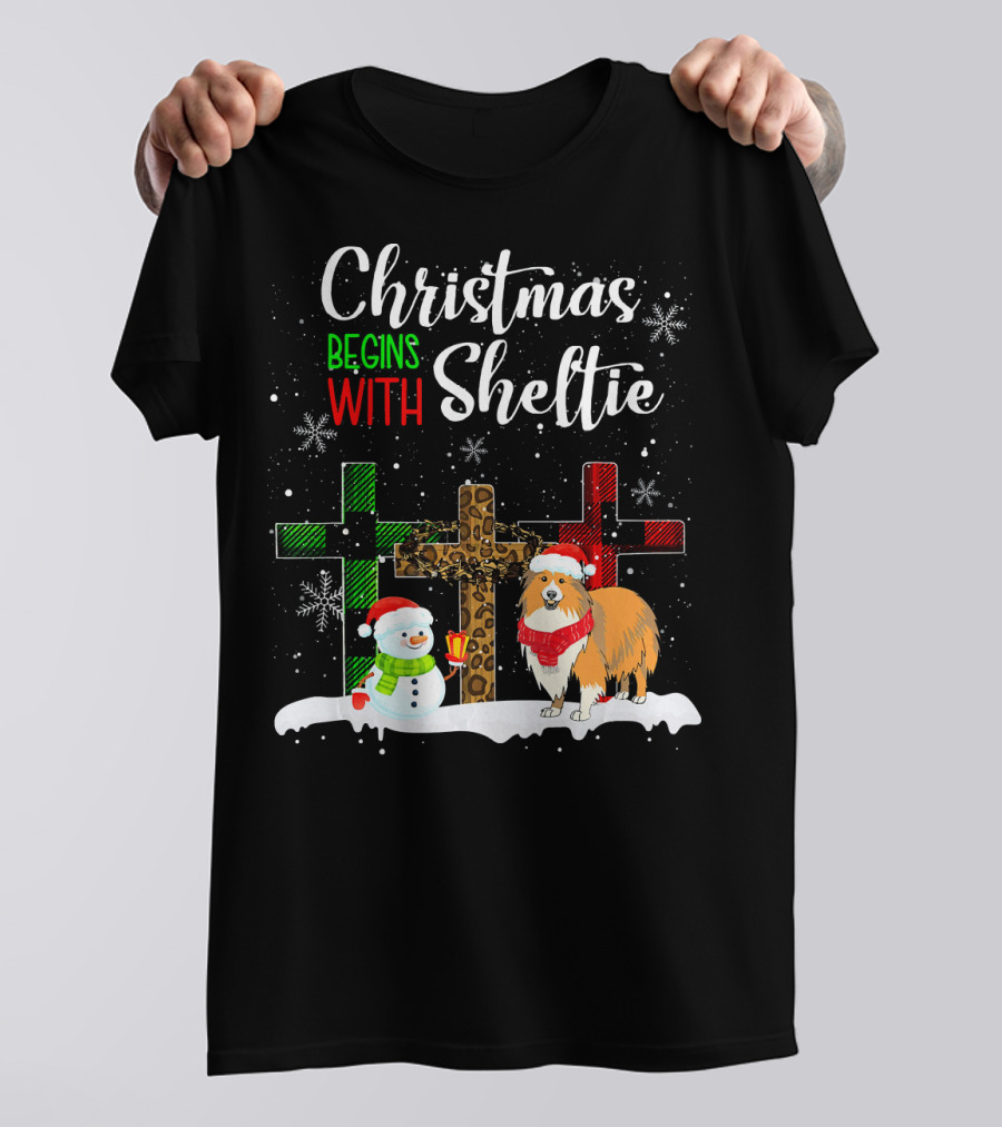 Christmas Begins With Sheltie Snowman And Festive Crosses T-Shirt