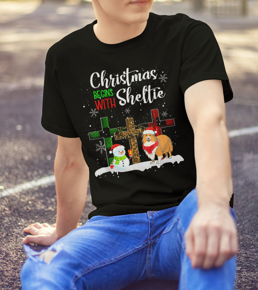 Christmas Begins With Sheltie Snowman And Festive Crosses T-Shirt