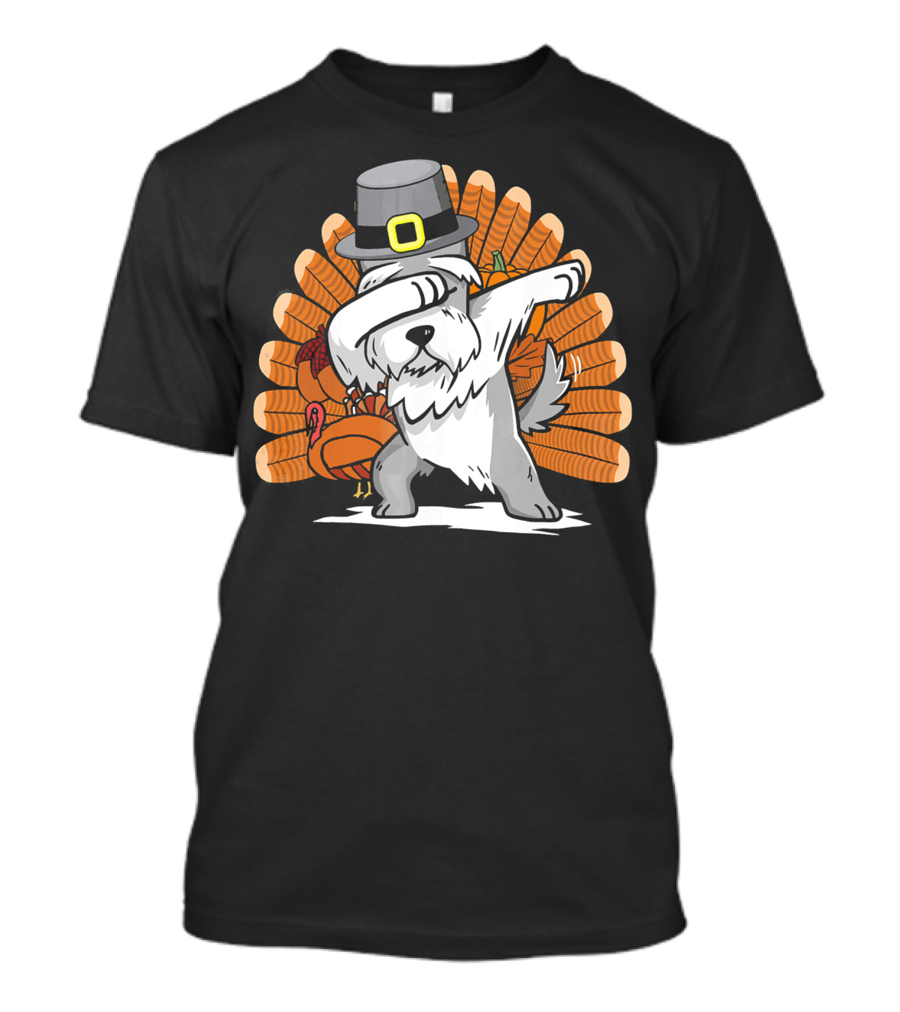 Thanksgiving Pilgrim Hat Dabbing Schnauzer Dog With Turkey Background T-Shirt