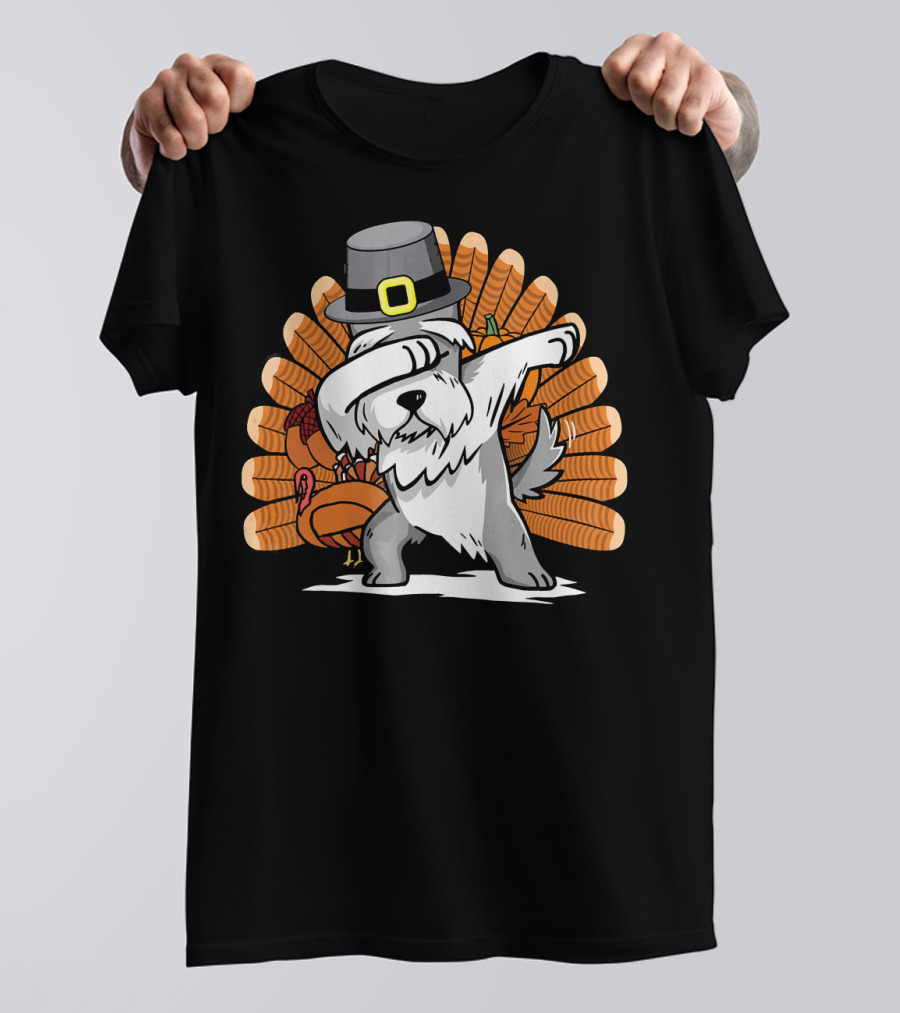 Thanksgiving Pilgrim Hat Dabbing Schnauzer Dog With Turkey Background T-Shirt