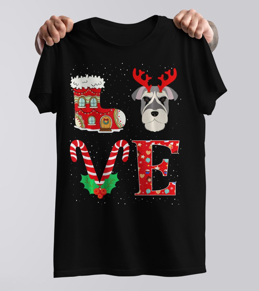 Love My Schnauzer Reindeer Horns Christmas Candy Cane Boot T-Shirt