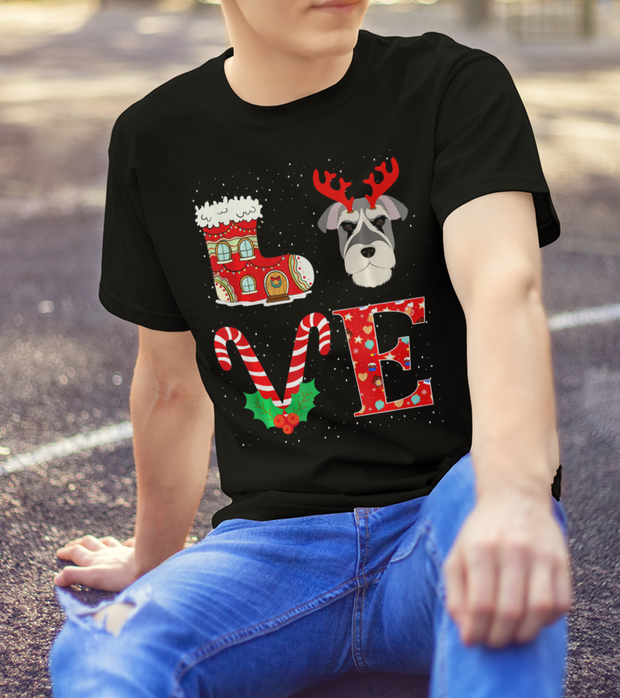 Love My Schnauzer Reindeer Horns Christmas Candy Cane Boot T-Shirt