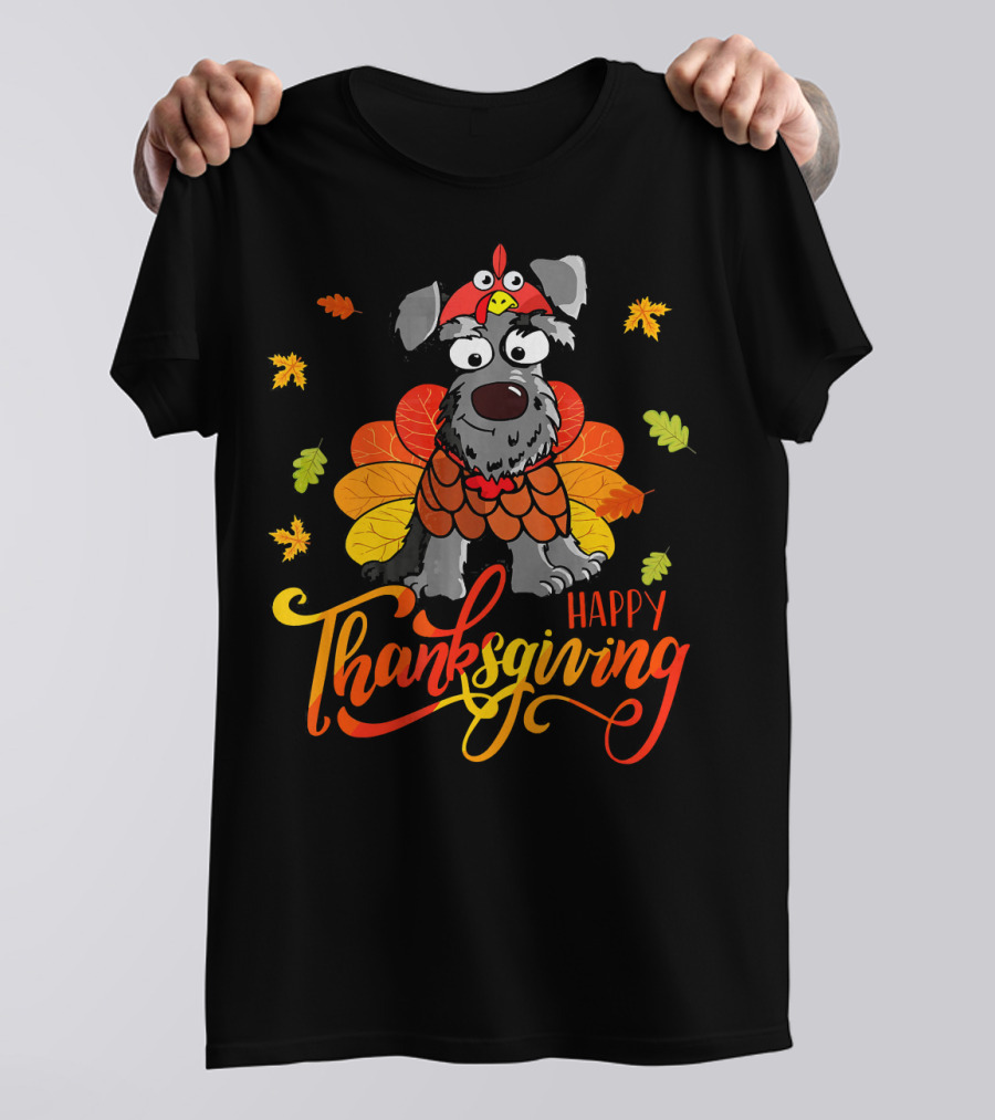 Happy Thanksgiving Schnauzer In Turkey Costume With Autumn Leaves T-Shirt