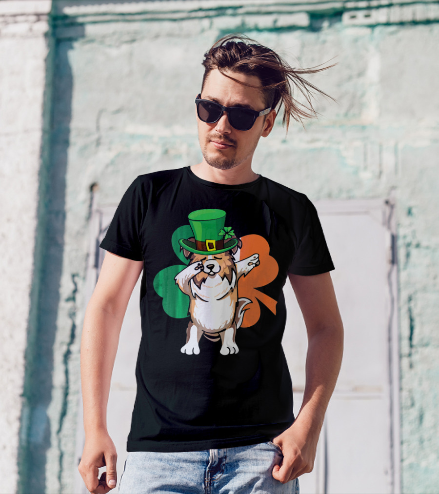 St. Patrick's Day Dabbing Sheltie With Shamrock And Leprechaun Hat T-Shirt