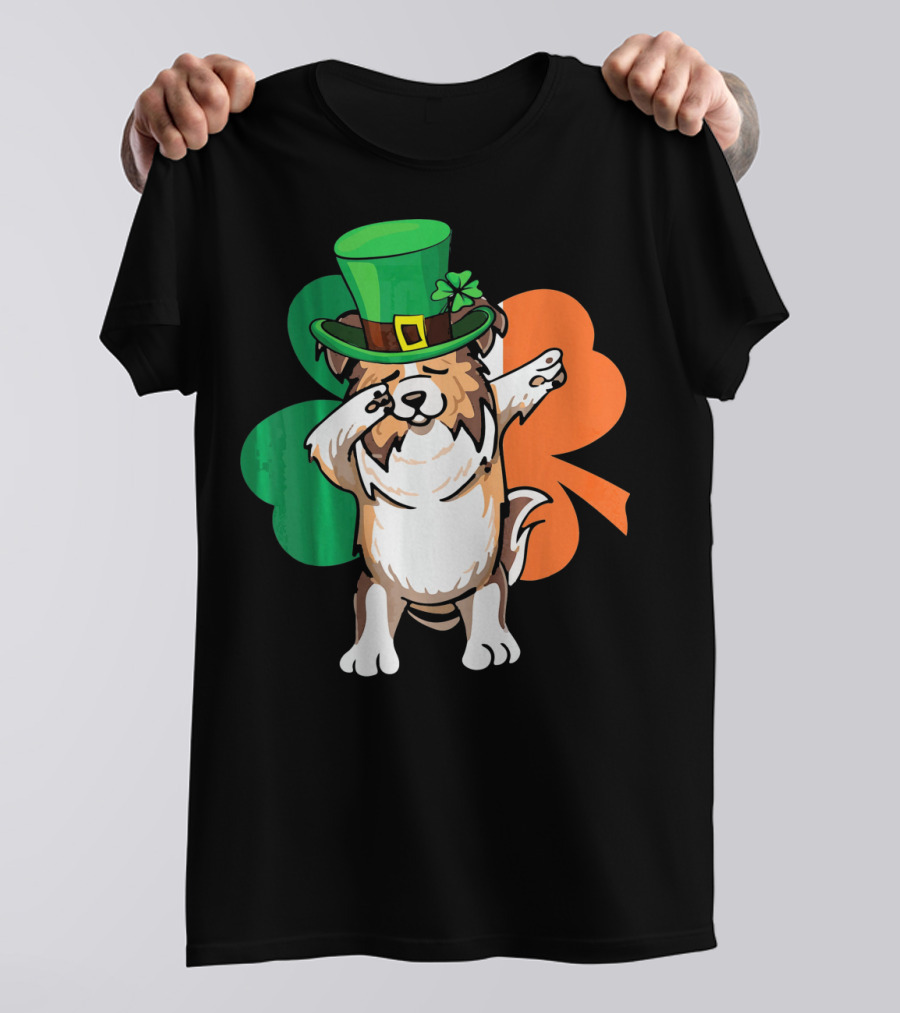 St. Patrick's Day Dabbing Sheltie With Shamrock And Leprechaun Hat T-Shirt
