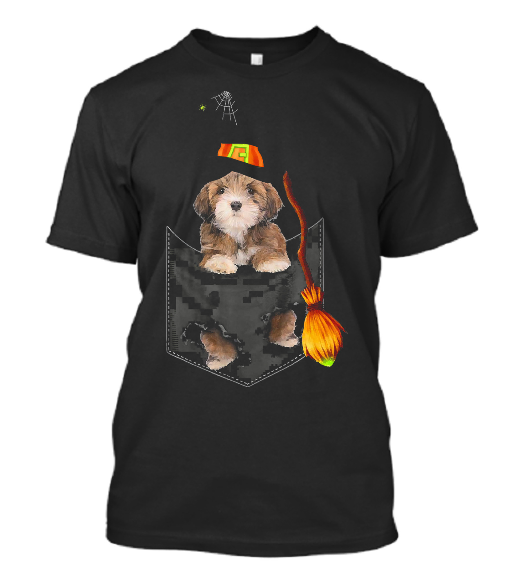 Lhasa Apso Halloween Witch Pocket Dog With Broomstick And Spiderweb Hat T-Shirt