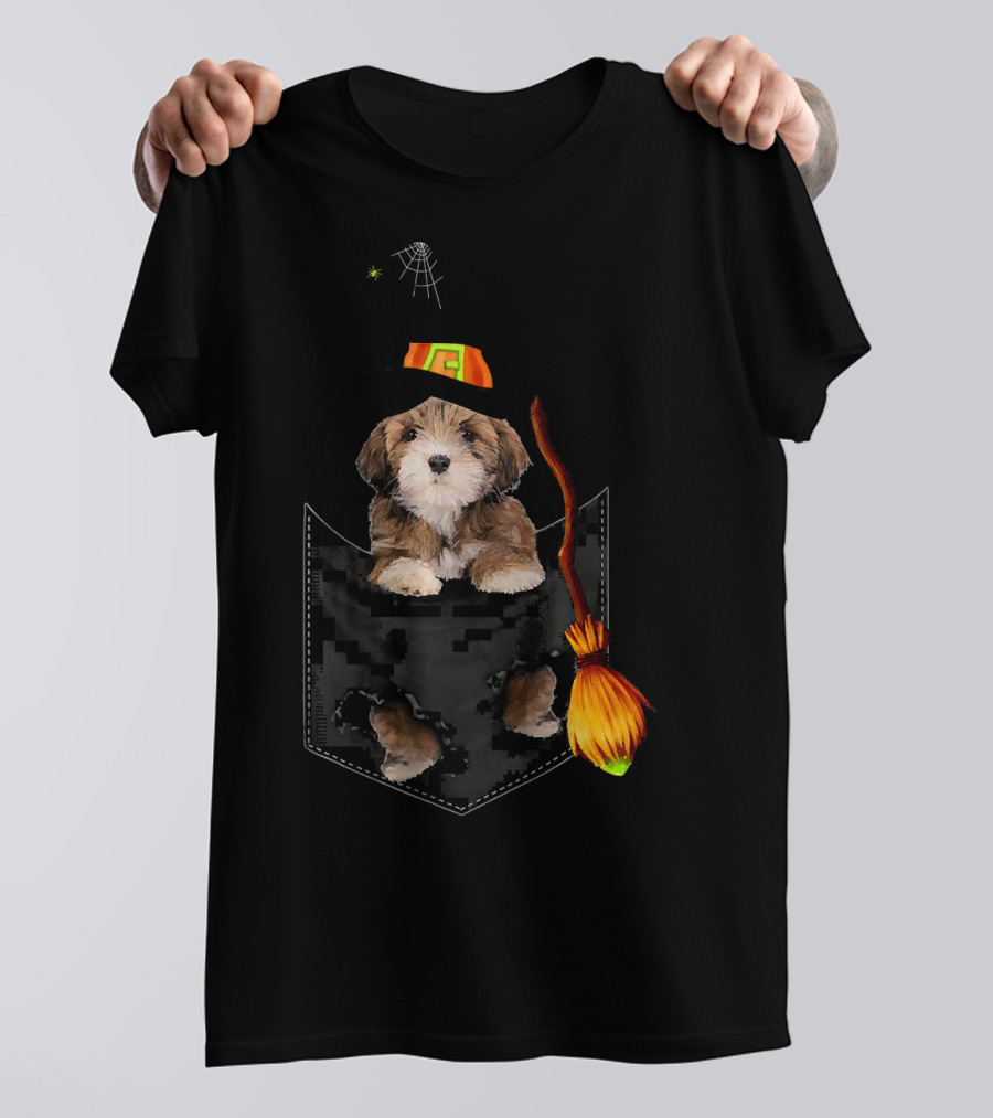 Lhasa Apso Halloween Witch Pocket Dog With Broomstick And Spiderweb Hat T-Shirt