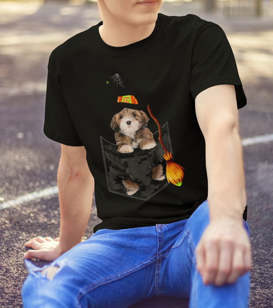 Lhasa Apso Halloween Witch Pocket Dog With Broomstick And Spiderweb Hat T-Shirt