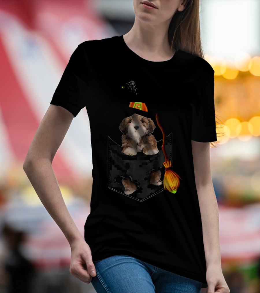 Lhasa Apso Halloween Witch Pocket Dog With Broomstick And Spiderweb Hat T-Shirt